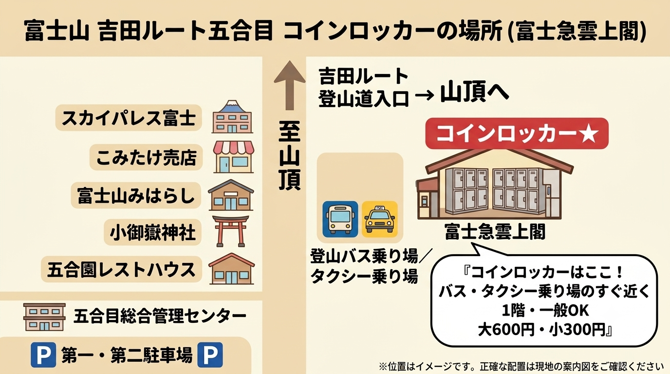 富士山吉田ルート五合目のコインロッカーの場所を示す簡易マップ。富士急雲上閣に「コインロッカー」と赤字で明示。バス・タクシー乗り場のすぐ近く、1階で一般客も利用でき料金は大600円・小300円。左側に売店群、下に駐車場。