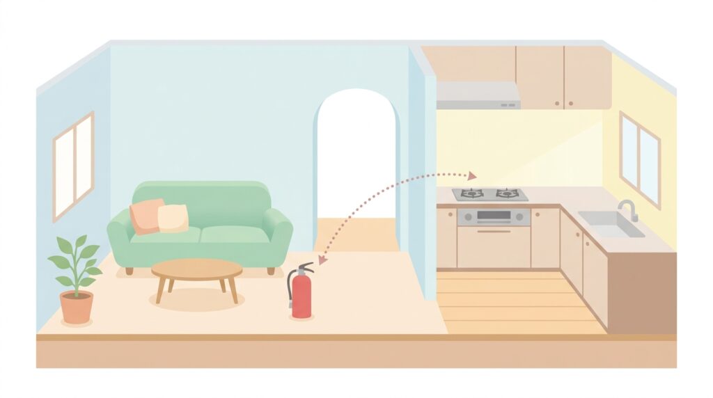 消火器をキッチンから離れたリビングに置いているイラスト