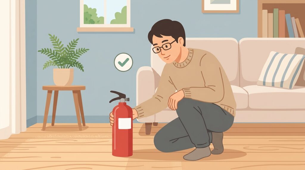 消火器の本体の表示で使用期限を確かめているイラスト