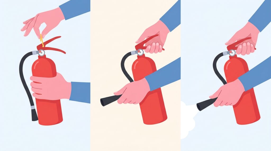 消火器の使い方（安全ピンを抜く・ホースを向ける・レバーを握る）の3コマイラスト