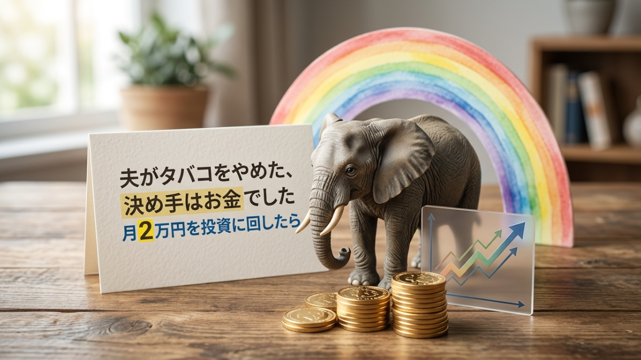 夫がタバコをやめた決め手はお金｜ぞうとコインと上向きグラフ